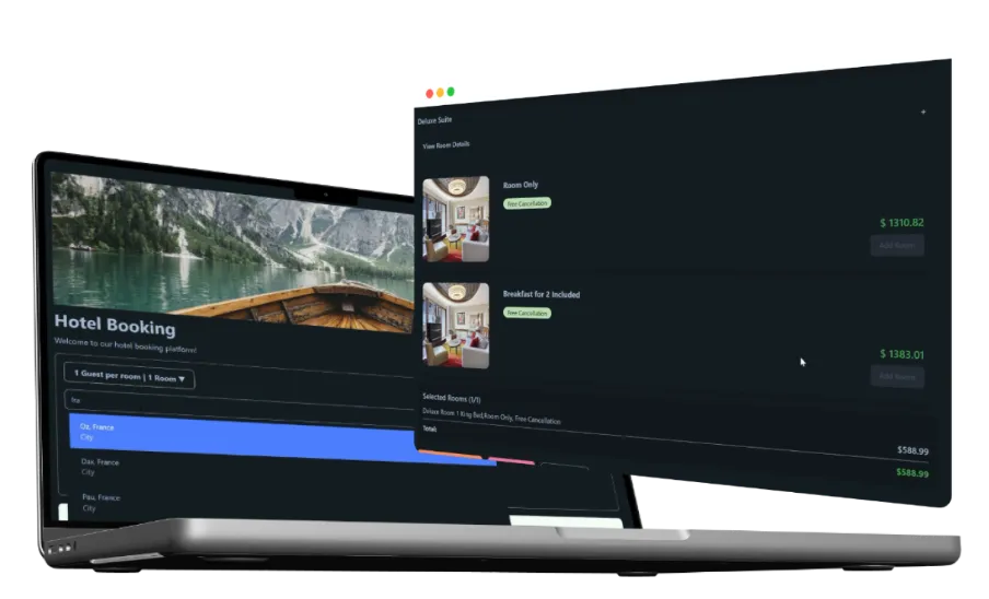 Ascenda hotel booking case study preview showing booking flows
