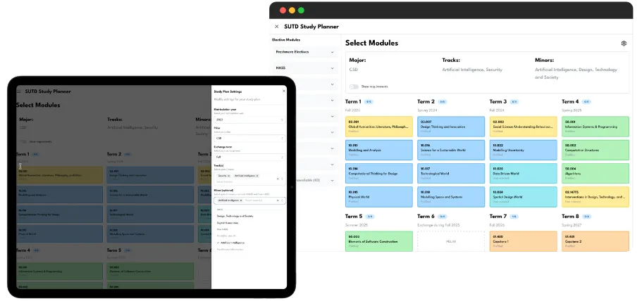 SUTD Study Planner preview showing degree planning and milestone tracking
