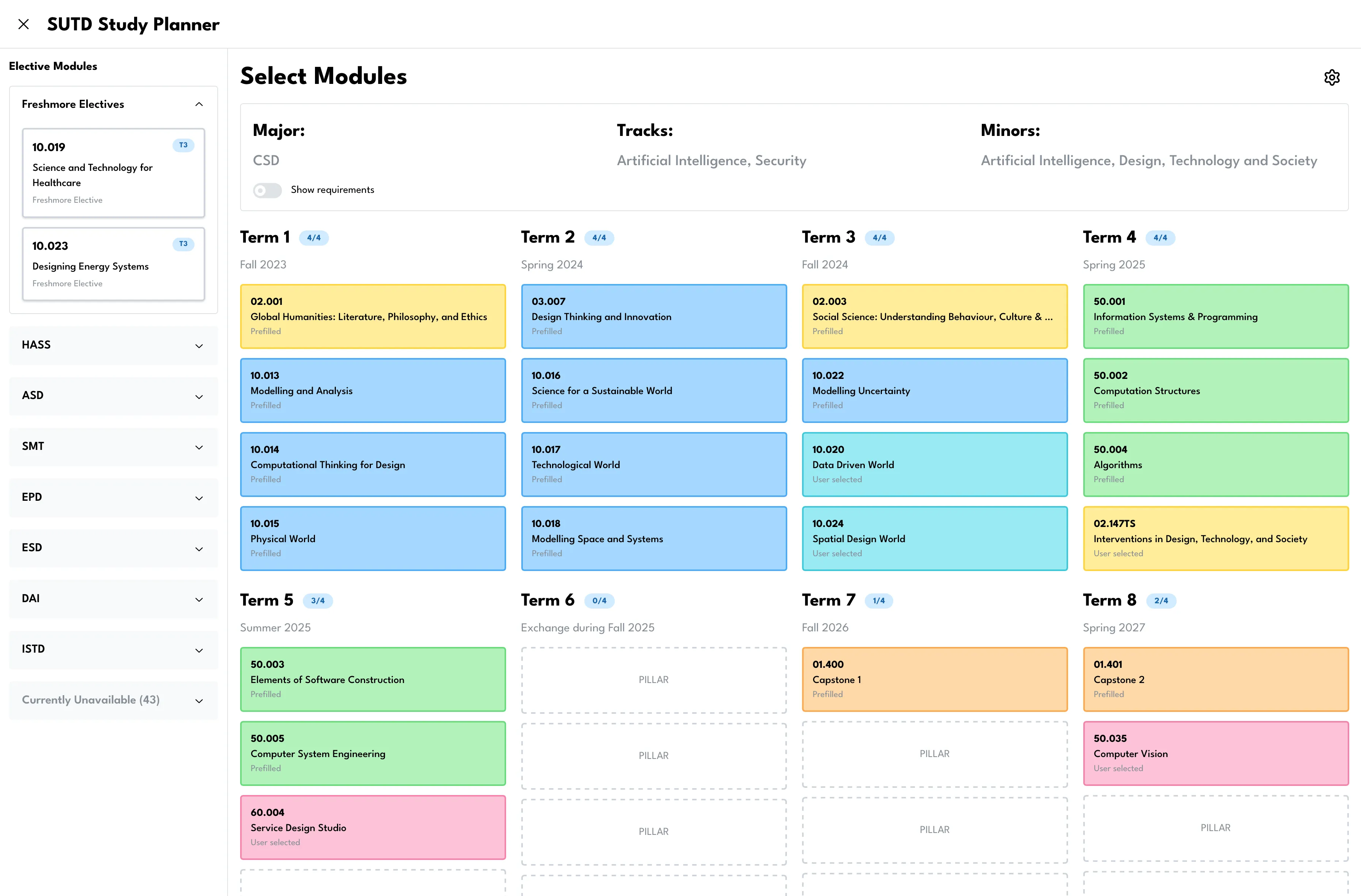 SUTD Study Planner preview showing degree planning and milestone tracking